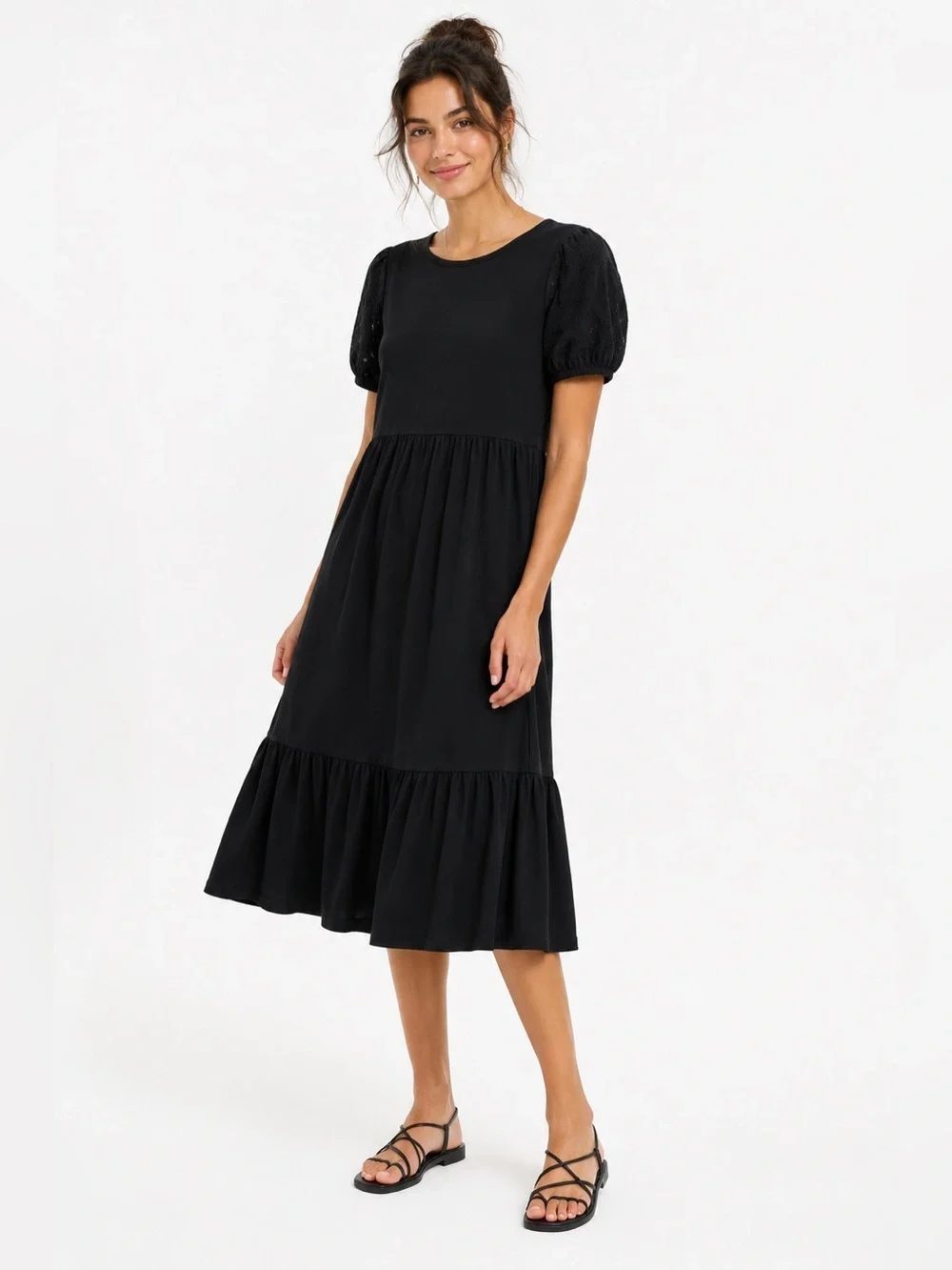 J.Crew black eyelet puff sleeve tiered midi dress small